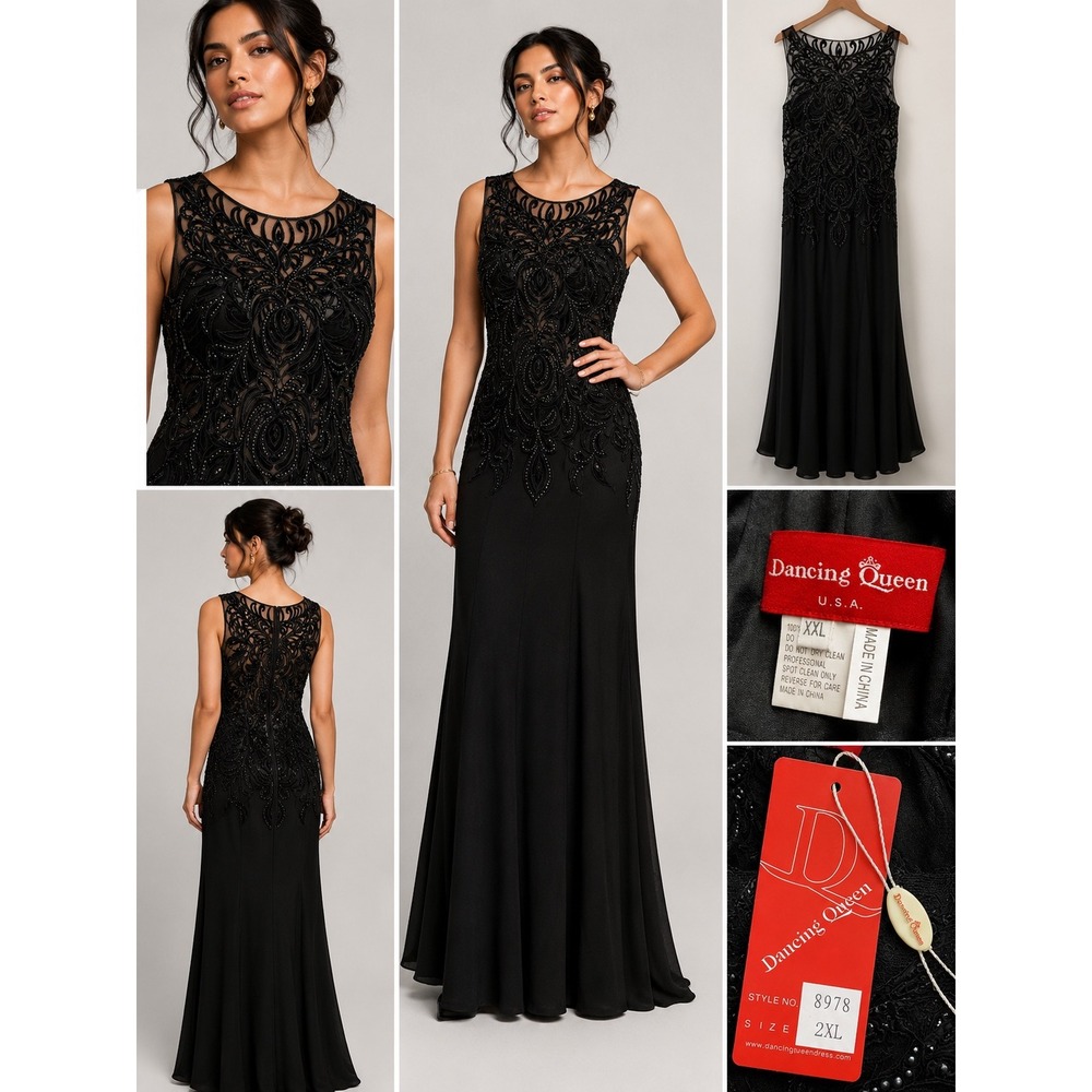 Dancing Queen 8978 Black Beaded Illusion Neckline Formal Gown Dress XXL 2XL NEW